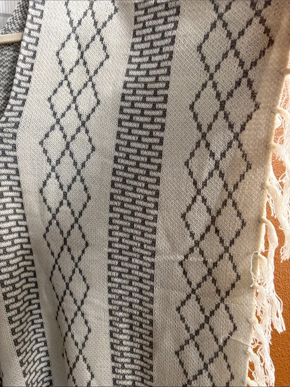 SHEIN Cream & Gray Fringed Knit Poncho